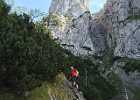 Bergtour Traunstein Cordula Daniel IMG 8282 16-09-03  Nochmals Daniel, er kann gut stehen, weil er sich am Sicherungsseil halten kann. Guter Blick auch hinauf auf den Gipefl. Hinter dem Gipfel verborgt sich die Gmundner Hütte. Hans Hernler Steig.